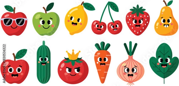 Fototapeta Highly Expressive Cartoon Fruit and Vegetable Vector Set Featuring Happy and Funny Apple, Lemon, Cherry, Strawberry, Cucumber, Tomato King, Carrot, and Onion Characters.