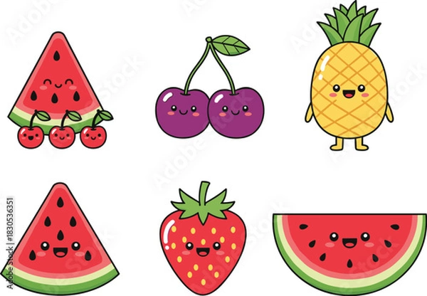 Fototapeta Super Cute Kawaii Fruit Character Vector Set Featuring Happy Watermelon Slices, Cherries, Strawberry, and Pineapple with Smiling Faces.