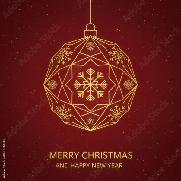 Obraz Elegant golden geometric Christmas bauble illustration on a deep red starry background, perfect for holiday greetings, New Year wishes, invitations, and festive promotions. Minimalist luxury design.