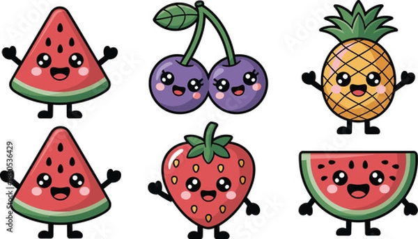 Fototapeta Super Cute Kawaii Fruit Character Vector Set Featuring Happy Watermelon Slices, Cherries, Strawberry, and Pineapple with Smiling Faces and Arms.