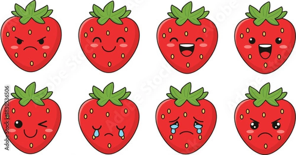 Fototapeta Cute Cartoon Strawberry Emoji Vector Set Featuring Various Emotional Expressions, Including Happy, Angry, Winking, and Crying Faces for Social Media.