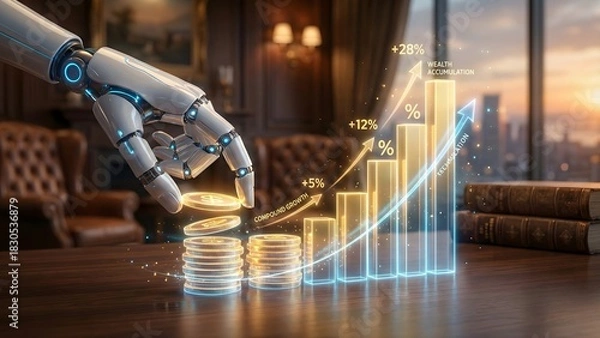 Fototapeta A robotic hand interacts with stacks of coins next to a glowing bar graph showing compound growth and wealth accumulation, symbolizing automated long-term financial success.
