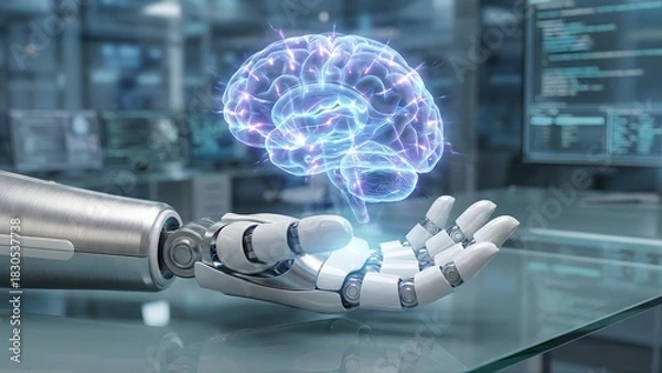 Fototapeta A futuristic robotic hand holds a glowing, holographic human brain, symbolizing Artificial Intelligence, machine learning, and advanced technological intelligence.