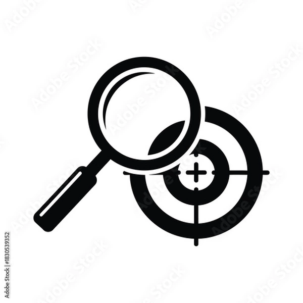Fototapeta Strategic goal focus magnifying glass and target vector icon, Magnifying glass over target symbol
