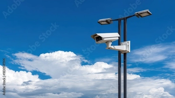 Fototapeta Aerial view of urban surveillance cameras monitoring public spaces under clear sky