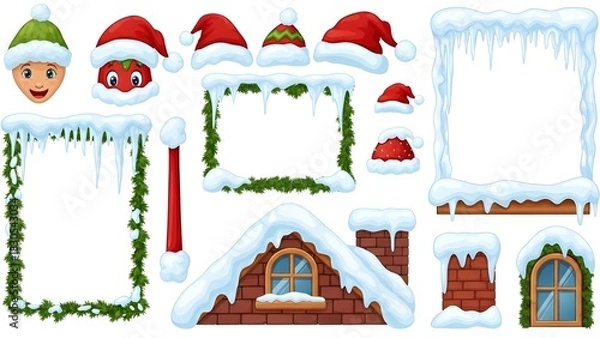 Obraz Capture the cozy charm of a winter Christmas with this vector set. Playful snow caps and glistening icicle borders frame your designs, while detailed snowy piles for roofs and windows provide the perf