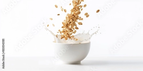 Obraz Oat flakes spilling into a bowl with splashing milk, emphasizing breakfast preparation and texture, World Oatmeal Day