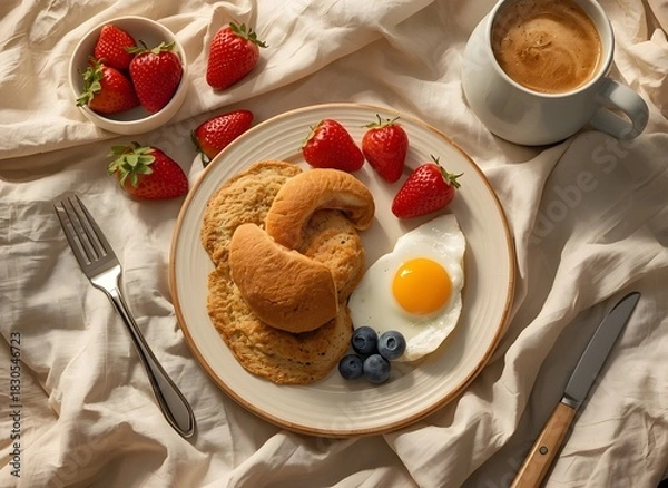 Obraz Sunlit Gourmet Breakfast Plate on Soft Fabric Background