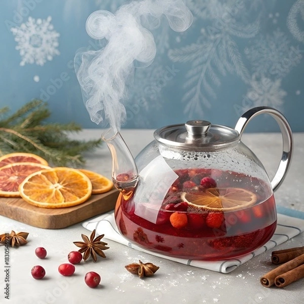 Fototapeta A sleek modern glass kettle filled with steaming cranberry punch, adorned with floating spices, orange slices, and fresh cranberries, set against a cool winter background with delicate swirling steam.