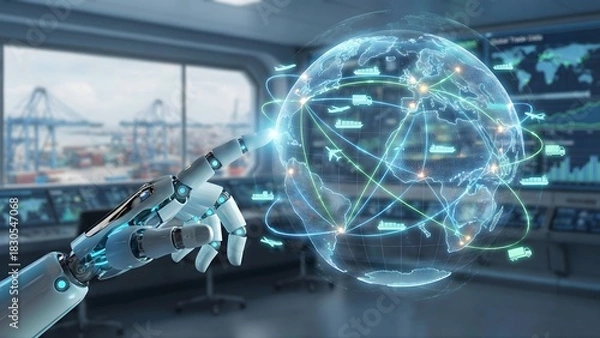 Fototapeta A robotic hand touches a glowing, holographic Earth displaying a global logistics and supply chain network with lines connecting various transport icons like ships, planes, and trucks.