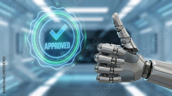 Fototapeta A metallic robotic arm gives a thumbs-up gesture next to a glowing, futuristic hologram seal with the word "APPROVED" and a checkmark, indicating quality and success.