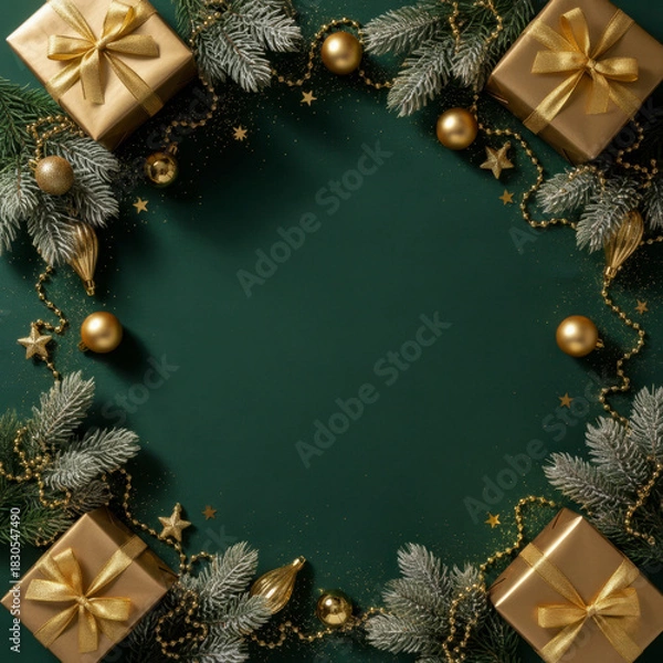 Obraz Elegant Christmas background with a central dark green copy space area framed by festive elements like pine boughs, golden ornaments, and wrapped gifts tied with gold ribbon. Perfect holiday template.