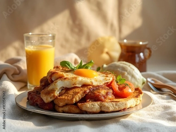 Obraz Gourmet Breakfast Plate with Fried Egg, Toasted Bread, and Fresh Orange Juice in Warm Morning Light