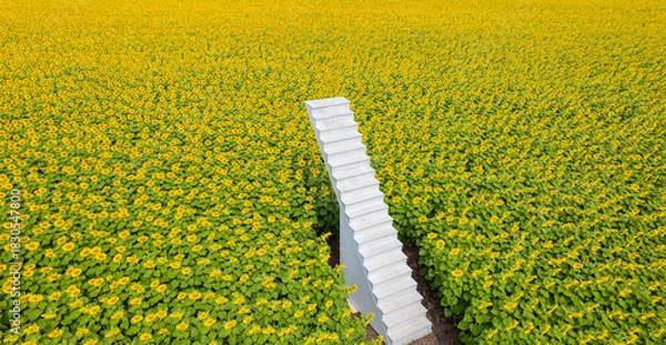 Fototapeta The sunflower garden is in full bloom and there is a white staircase in the middle of the garden.