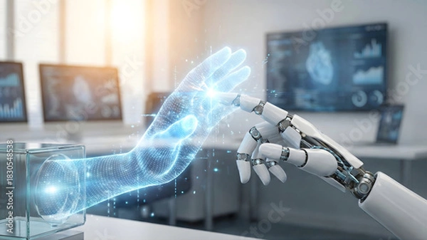 Fototapeta A robotic hand touches a glowing, holographic human hand in a high-tech office environment, symbolizing the merger of humanity and Artificial Intelligence.