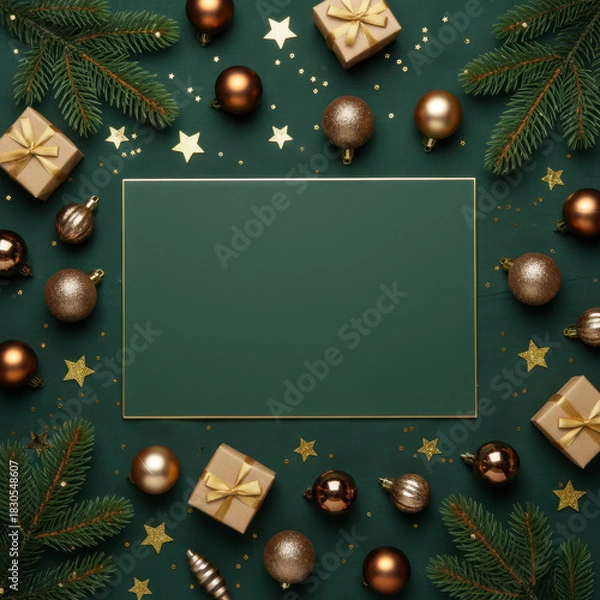 Fototapeta Elegant Christmas background with a central dark green copy space area framed by festive elements like pine boughs, golden ornaments, and wrapped gifts tied with gold ribbon. Perfect holiday template.