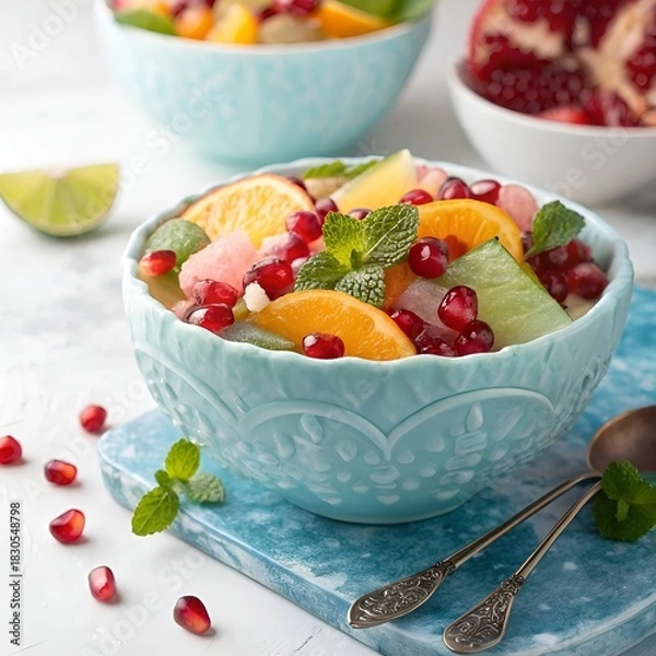 Fototapeta A vibrant winter fruit salad of pomegranate seeds, citrus slices, and fresh mint served in a carved ice bowl, set in a crisp frosty atmosphere with dramatic contrast.