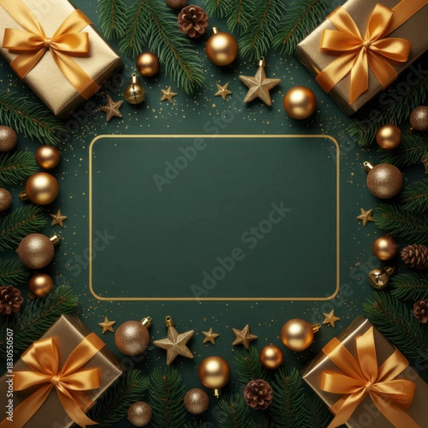 Fototapeta Elegant Christmas background with a central dark green copy space area framed by festive elements like pine boughs, golden ornaments, and wrapped gifts tied with gold ribbon. Perfect holiday template.