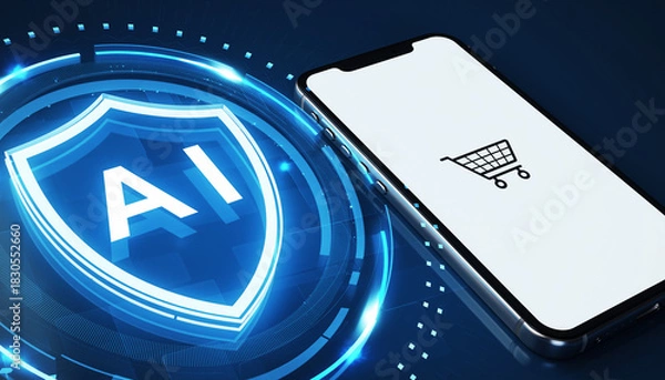 Obraz Digital Fortress: The image evokes the concepts of security and cutting-edge technology in the realm of mobile commerce.