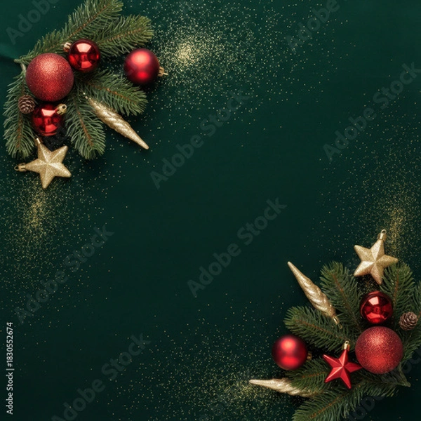 Fototapeta Elegant Christmas background with fir branches, red ornaments, and golden glitter on a dark green surface. Perfect holiday layout with copy space.