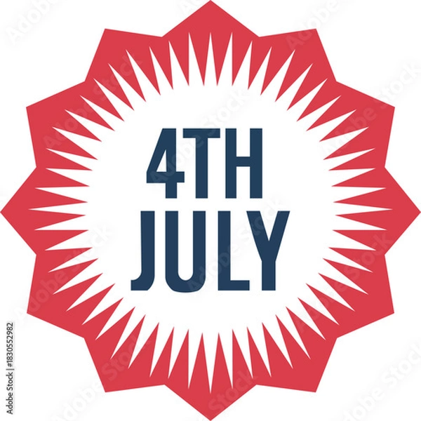 Fototapeta This vibrant badge design celebrates the 4th of July with a striking starburst pattern. Featuring bold "4TH JULY" text in dark blue against a bright red background, it's perfect for events, promotions