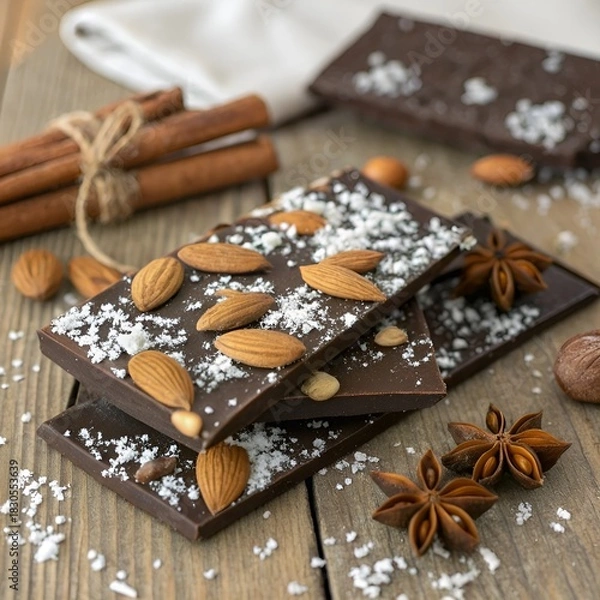 Fototapeta A rustic flat-lay of handmade dark chocolate bark studded with almonds and winter spices, lightly dusted with powdered sugar like fresh snow, set on a cozy wooden background.