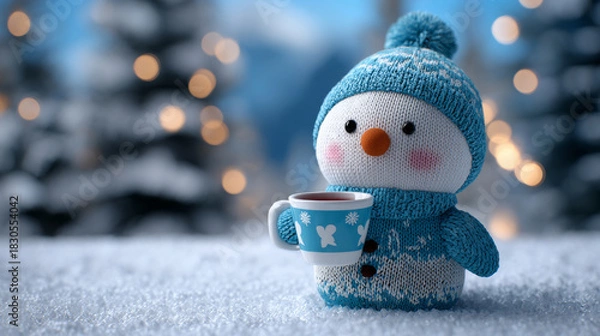 Fototapeta A cute plush snowman toy holding a mug sits in a snowy setting, offering a cozy holiday gift idea for children.