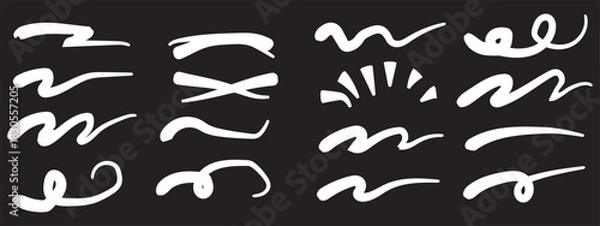 Fototapeta Charcoal underlines, color scribbles and wavy brush strokes. Kids hand drawn doodle squiggles, curly lines. Pencil chalk think and rough stripes, freehand crayon strikethroughs on white background 