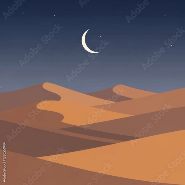 Fototapeta Minimalist vector of a desert landscape with sand dunes under a crescent moon at night.