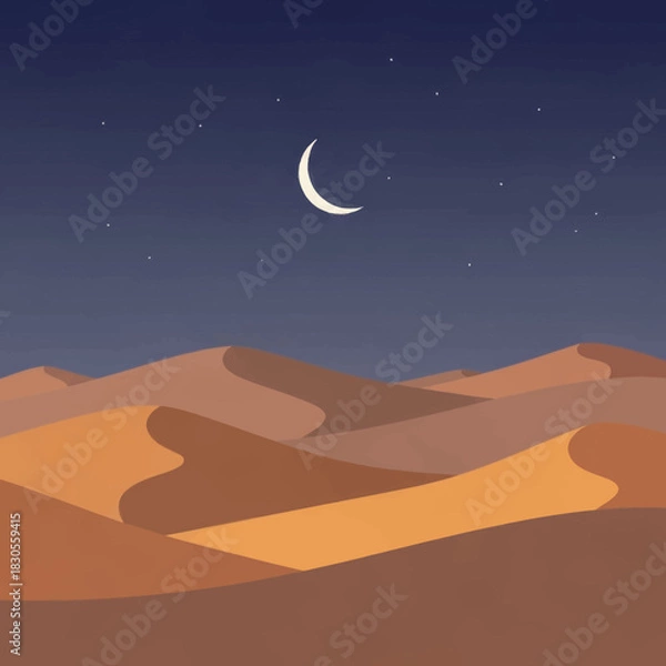 Fototapeta Scenic desert landscape with sand dunes under a night sky with crescent moon and stars.
