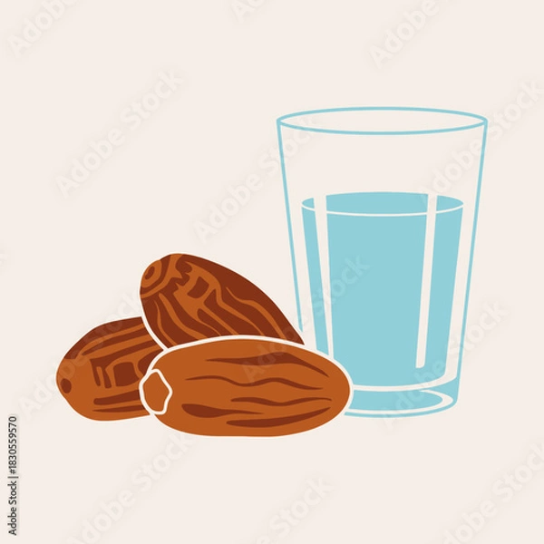 Fototapeta Ramadan food concept with dates and water glass for iftar on beige background.