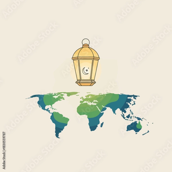 Fototapeta Ramadan lantern with crescent and star over a world map, representing global celebration.