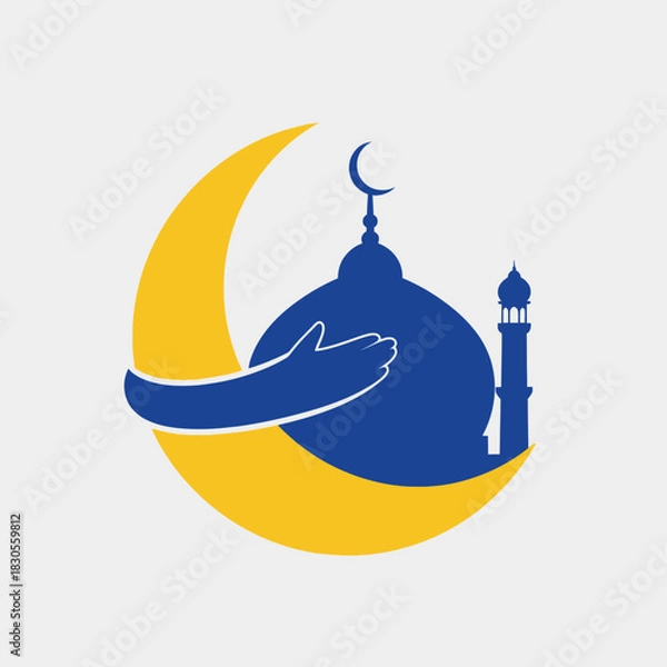 Fototapeta Ramadan kareem vector illustration with mosque, crescent moon and hands praying to god.