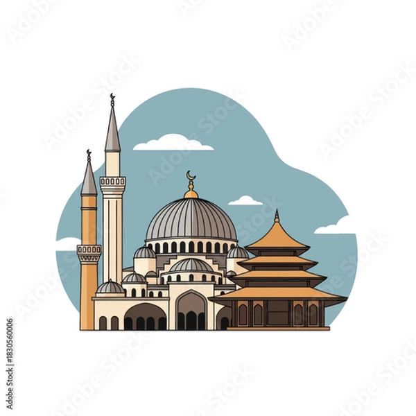 Fototapeta Mosque and temple vector illustration, showcasing cultural diversity and religious architecture.
