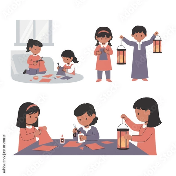 Fototapeta Kids crafting paper lanterns for ramadan celebration, cutting, gluing, and holding lanterns.