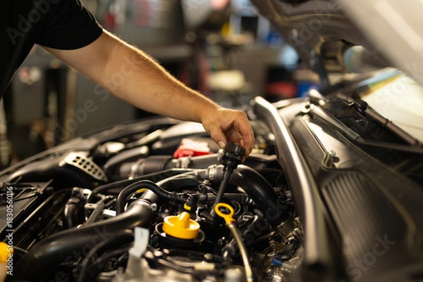 Fototapeta Mechanic checking engine oil level by pulling out the dipstick. Routine car maintenance in a professional auto workshop.