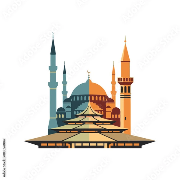 Fototapeta Mosque building with minarets, dome and crescent moon in warm and cool color palette.