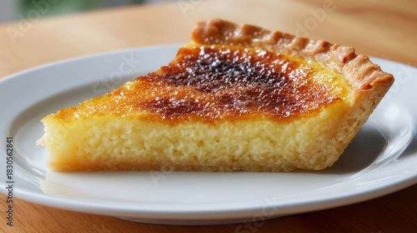 Fototapeta 白い皿に盛られた焼き色のついた表面が艶やかなカスタードタルトの一切れ