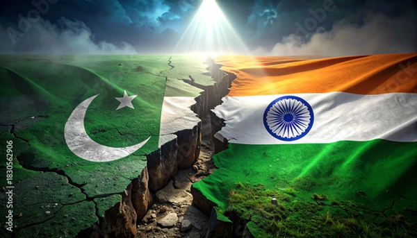 Fototapeta Dramatic India Pakistan Flags Split by Rift, Symbolizing Tensions with Hopeful Light Above for Peace and Reconciliation, Representing Diplomacy