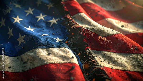 Fototapeta Grunge American flag waving proudly with tattered edges and gritty texture, ideal for patriotic designs or memorial backgrounds, showing strength and resilience