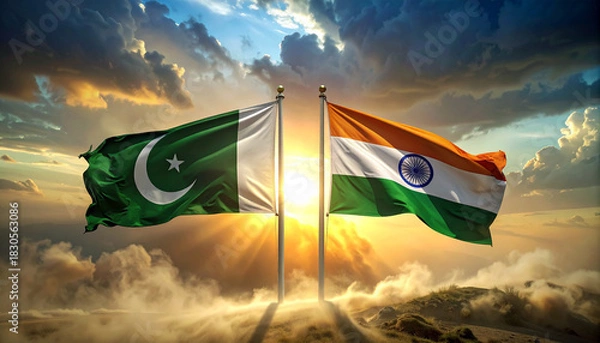 Fototapeta India and Pakistan flags waving in the wind against a dramatic sunset sky, symbolizing peace, unity, and diplomatic relations in a vibrant, hopeful scene