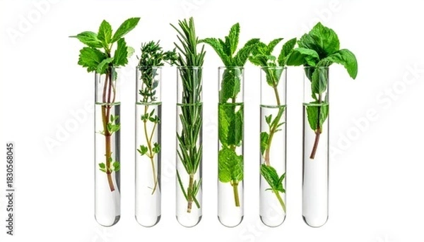 Obraz Herbs in test tubes isolated on white.