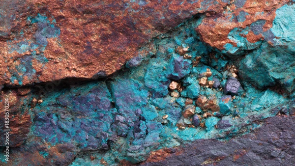 Fototapeta Close-up of Natural Mineral Rock Formations with Copper and Turquoise Hues Geology Concept
