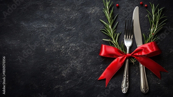 Fototapeta Festive set of cutlery knife and fork with red ribbon