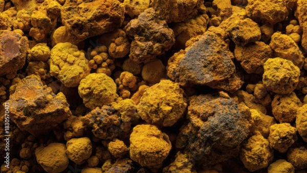 Fototapeta Textured yellow mineral rocks, a close-up view of unrefined ore deposits with earthy tones, symbolizing a valuable raw material for industrial and scientific applications