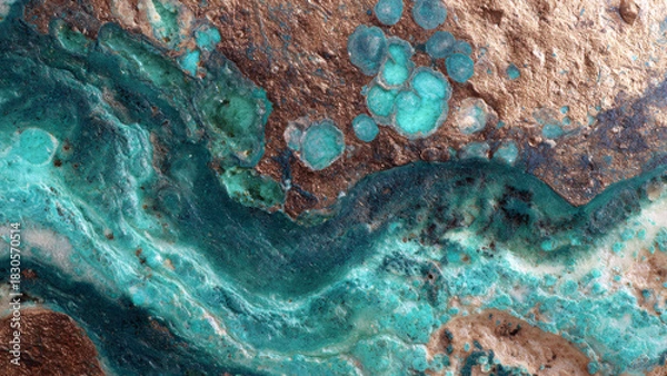 Fototapeta Luxurious natural stone texture featuring vibrant turquoise and metallic copper details, an abstract mineral background