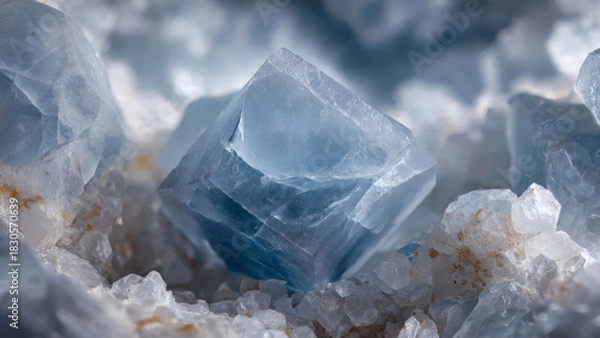 Fototapeta A breathtaking macro photograph capturing the intricate geometric facets of a beautiful light blue mineral crystal formation