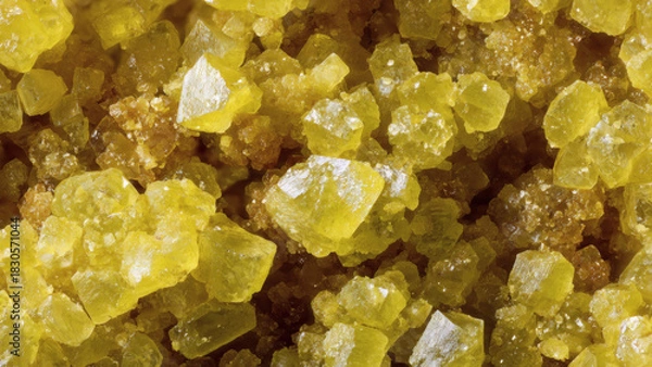 Fototapeta A stunning macro view of a cluster of raw yellow crystalline minerals, showcasing their intricate geometric structure and brilliant color