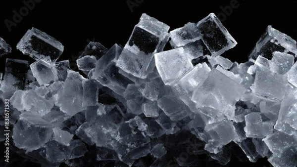 Fototapeta Close-up of shimmering ice crystals against a stark black background, evoking a sense of cold and purity