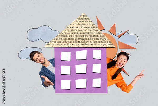 Obraz Poster surreal collage of people stand behind house hand shake  on grey color background